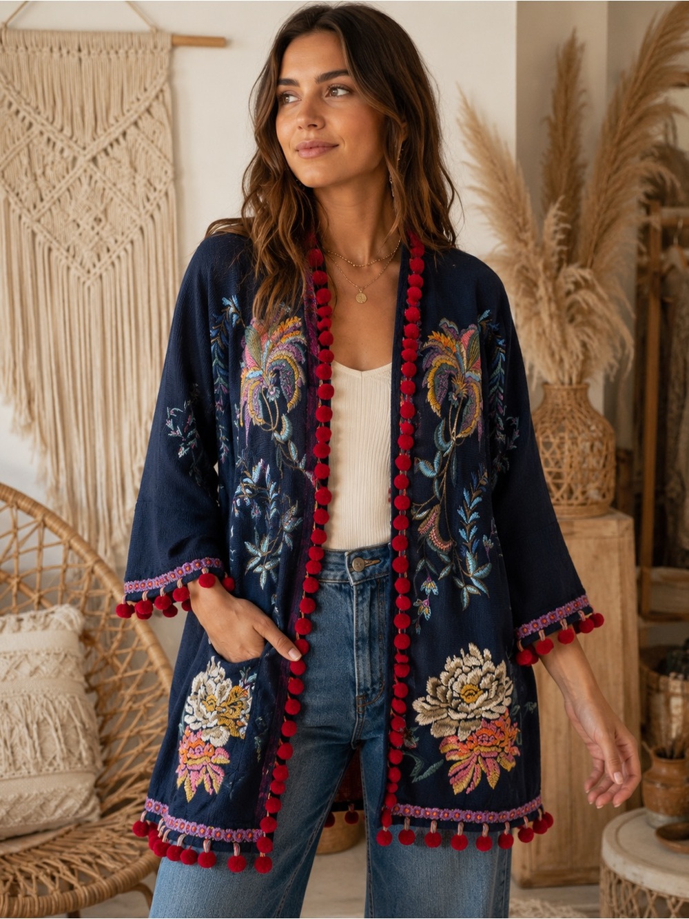 Johnny Was Navy Embroidered Pom-Pom Open Cardigan with Multicolor Floral Detail